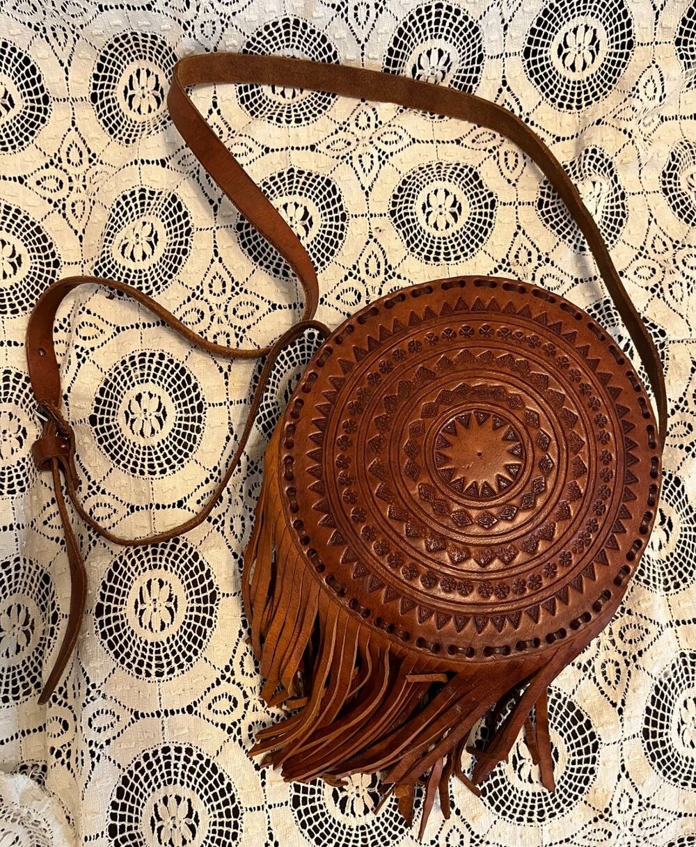 VTG Round Leather Fringe Bag Crossbody Strap Hand Tooled Brown Western Boho
